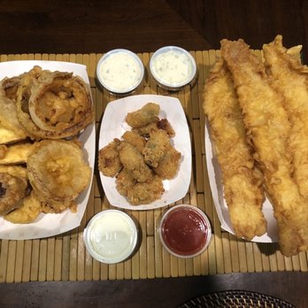 Louise's Fish & Chips - L to R: Combo Veggie Fries: Zucchini, onion rings; Fried Oysters, Fish & Chips (Fries under the fish) - Seafood Near Me - Livermore, California