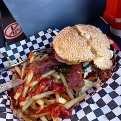 Hopper's Sports Grill - Jalapeno bacon cream cheeseburger with fries