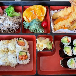 Sono Bana Japanese Restaurant - Bento Box with soba salad, tempura, crunch roll, and California roll.