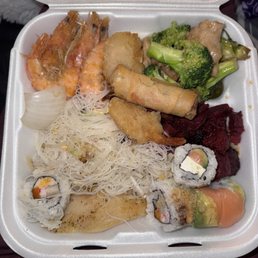 Eggrolls, sushi, chicken and broccoli, fried shrimp, crawfish, tilapia, salmon Rice noodles Eggrolls, sushi, chicken and broccoli, fried shrimp, crawfish, tilapia, salmon Rice noodles