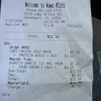 Wawa - Receipt - Gas Stations Near Me - Davenport, Florida
