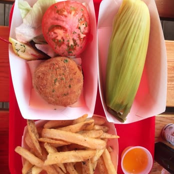 Claws - Crabcake burga and corn. - Seafood Near Me - Rockland, Maine