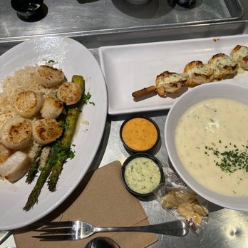 California Fish Grill - Garlic Shrimp, clam chowder, grilled scallops with grilled asparagus and rice - Seafood Near Me - Riverside, California California Fish Grill - Garlic Shrimp, clam chowder, grilled scallops with grilled asparagus and rice - Seafood Near Me - Riverside, California
