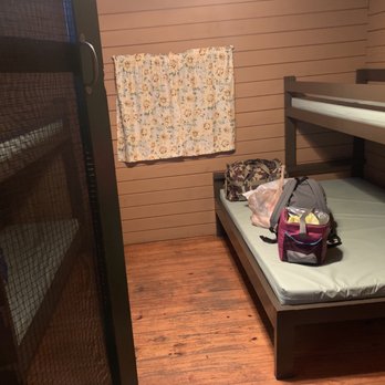 Wading Pines Camping Resort - The inside of the cabin! Two bunk beds, 3 twins and 1 double sleeps 5! There is also a bench, a screen tv, a fan and an air conditioner. - Campgrounds Near Me - Chatsworth, New Jersey Wading Pines Camping Resort - The inside of the cabin! Two bunk beds, 3 twins and 1 double sleeps 5! There is also a bench, a screen tv, a fan and an air conditioner. - Campgrounds Near Me - Chatsworth, New Jersey