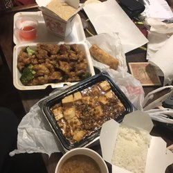 Tea Palace - Egg roll, general tsos chicken, ma po tofu, hot and sour soup. The ma po and hot and sour soup are both super delicious!