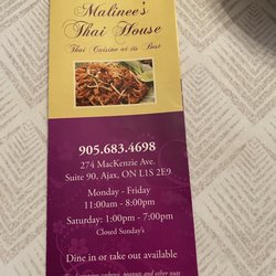 Malinee's Thai House - The menu