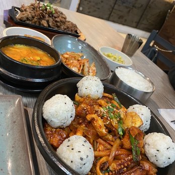 Onggi Korean Cusine - Spicy Squid & Pork Belly and Pork Bulgogi with side dishes - Korean Near Me - Burnaby, British Columbia Onggi Korean Cusine - Spicy Squid & Pork Belly and Pork Bulgogi with side dishes - Korean Near Me - Burnaby, British Columbia