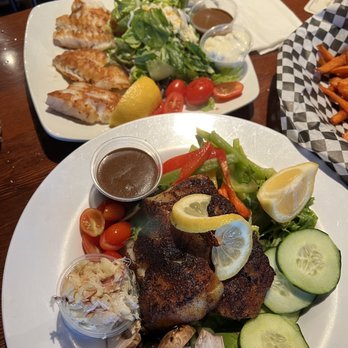 Catalyst Seafood - top plate is the Rockfish Salad.  Bottom plate is the Blackened LingCod - Seafood Near Me - Brookings, Oregon