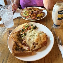 Odell Lake Resort Restaurant - Lasagna with vegetables (marinated) and garlic toast! Another bacon cheeseburger!