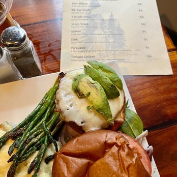 The Steam Donkey - Veggie burger with mashed potatoes and asparagus. - American Near Me - Pinecrest, California