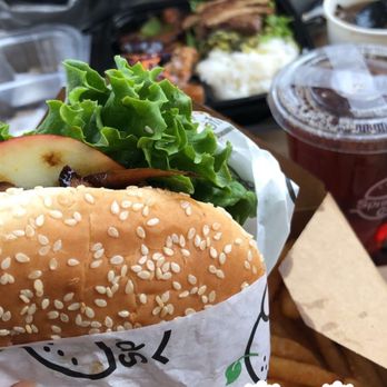 Spring Cafe - Pepper mushroom burger combo, braised tofu bento in the back - Vegan Near Me - New York, New York Spring Cafe - Pepper mushroom burger combo, braised tofu bento in the back - Vegan Near Me - New York, New York