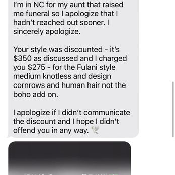 The Braid Bar - Message from Kim, the braider stating she discounted my service. - Hair Extensions Near Me - Hyattsville, Maryland The Braid Bar - Message from Kim, the braider stating she discounted my service. - Hair Extensions Near Me - Hyattsville, Maryland