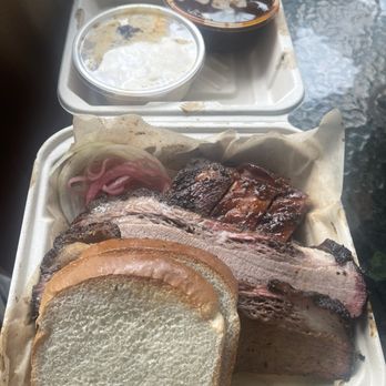 Horn Barbecue - 1/2lb of brisket and 3 ribs (1lb) with sides of pit beans and mac&cheese - Desserts Near Me - Lafayette, California Horn Barbecue - 1/2lb of brisket and 3 ribs (1lb) with sides of pit beans and mac&cheese - Desserts Near Me - Lafayette, California
