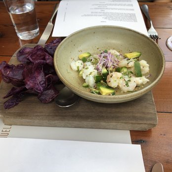 Manuela - Shrimp aguachile, tangy, gorgeously garnished, and bright. Love the purple yam chips - New American Near Me - Los Angeles, California Manuela - Shrimp aguachile, tangy, gorgeously garnished, and bright. Love the purple yam chips - New American Near Me - Los Angeles, California
