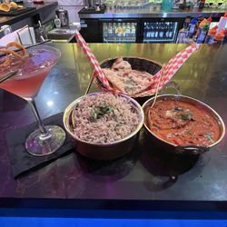 Viva Cocina - Butter Chicken and Garlic Naan with rice. Drink is a cosmopolitan. 10/10