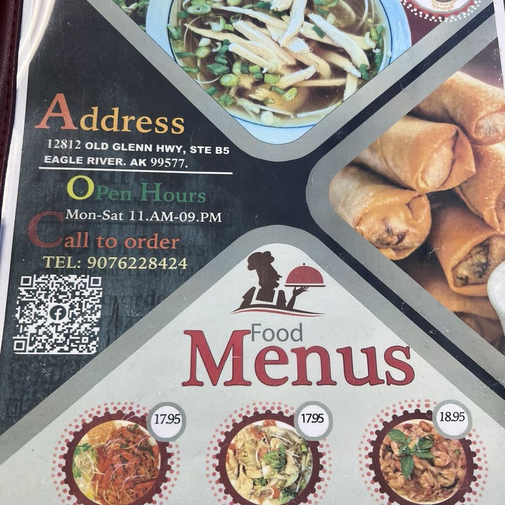 Pho and Thai - Front of menu; the website doesn't work and they don't update their Facebook. - Vietnamese Near Me - Eagle River, Alaska