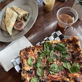 Jobot Coffee & Bar - (Top) "Jorito Burrito"with Egg and chorizo + lavender iced latte. (Bottom) "Greens Day" pizza + iced black tea latte. - Coffee & Tea Near Me - Phoenix, Arizona Jobot Coffee & Bar - (Top) "Jorito Burrito"with Egg and chorizo + lavender iced latte. (Bottom) "Greens Day" pizza + iced black tea latte. - Coffee & Tea Near Me - Phoenix, Arizona