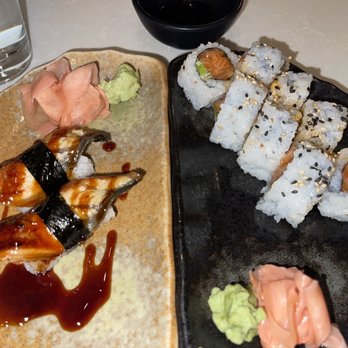 Friends Sushi - Left - Unagi Nigiri Right - Spicy roll with salmon - Sushi Bars Near Me - Chicago, Illinois Friends Sushi - Left - Unagi Nigiri Right - Spicy roll with salmon - Sushi Bars Near Me - Chicago, Illinois