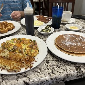 Sweet Basil Cafe - Breakfast of Denver Omelette, hashbrowns, and 2 huge pancakes! - Breakfast & Brunch Near Me - Champaign, Illinois Sweet Basil Cafe - Breakfast of Denver Omelette, hashbrowns, and 2 huge pancakes! - Breakfast & Brunch Near Me - Champaign, Illinois
