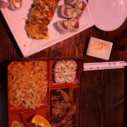 Yamato - Two-roll lunch combo, volcano roll, and beef bento box