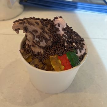 Fly Me To The Moon - Chocolate & strawberry Froyo with gummy bears and chocolate sprinkles - Desserts Near Me - Flushing, New York