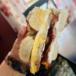 New Garden Bagel - Bacon, Sausage, Egg and Cheese add Jalapeño Cream Cheese on Cinnamon Sugar Bagel