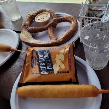 King Ludwigs Biergarten - Corn dog and chips and a pretzel with cheese dip. - Bars Near Me - Helen, Georgia King Ludwigs Biergarten - Corn dog and chips and a pretzel with cheese dip. - Bars Near Me - Helen, Georgia