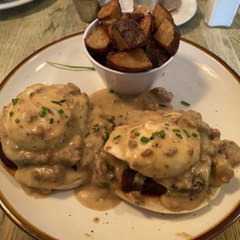 Roots Cafe - Scrapple Benedict with sausage gravy! - Breakfast & Brunch Near Me - West Chester, Pennsylvania