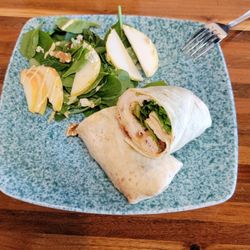 Jilla's Gourmet Kitchen - Turkey havarti cheese wrap with pear gorgonzola salad