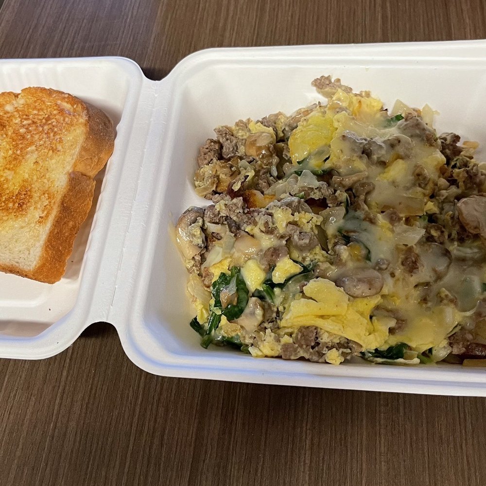 Country Waffles - The Joe. Scrambled eggs, spinach, mushrooms, onions, hamburger & cheese. With country potatoes & two slices of sourdough bread. - Breakfast & Brunch Near Me - Dublin, California Country Waffles - The Joe. Scrambled eggs, spinach, mushrooms, onions, hamburger & cheese. With country potatoes & two slices of sourdough bread. - Breakfast & Brunch Near Me - Dublin, California
