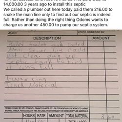 Odom Septic Tank Service - Receipt from plumber stating septic was indeed full after being misdiagnosed by Odom