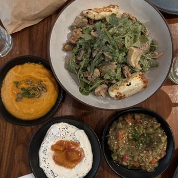 Miriam - Halloumi salad and 3 dips (pumpkin, labneh and eggplant). - Mediterranean Near Me - New York, New York Miriam - Halloumi salad and 3 dips (pumpkin, labneh and eggplant). - Mediterranean Near Me - New York, New York