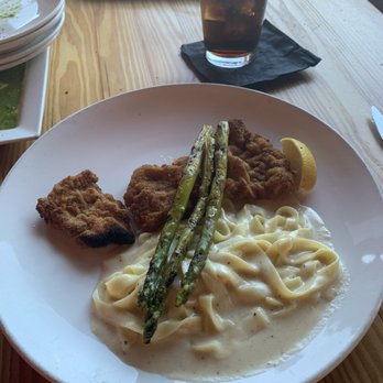 Oak Oven - Paneed Veal with Handmade Fettucine Pasta alfredo & Grilled Asparagus - Pizza Near Me - Harahan, Louisiana Oak Oven - Paneed Veal with Handmade Fettucine Pasta alfredo & Grilled Asparagus - Pizza Near Me - Harahan, Louisiana