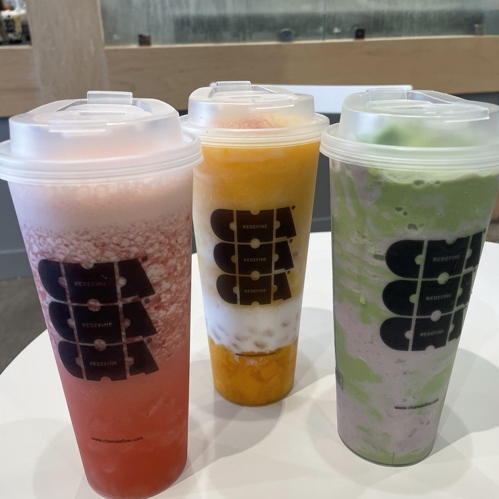 Cha Redefine - From left to right: Fresh Strawberry Green Tea, Coco Mango, and Matcha Tornado - Tea Rooms Near Me - Rowland Heights , California