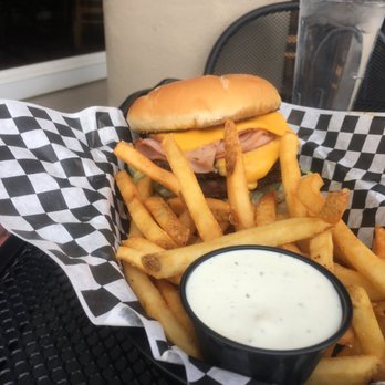 Taphouse Unchained - Burger with ham topped on it. Delicious! - American Near Me - Coeur D'alene, Idaho Taphouse Unchained - Burger with ham topped on it. Delicious! - American Near Me - Coeur D'alene, Idaho
