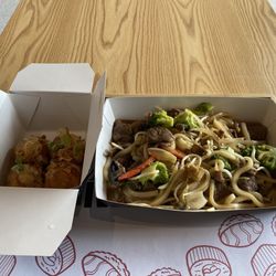 Jukai Japanese & Thai - Takoyki and yaki udon with beef.