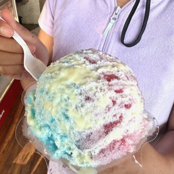 Shave Ice in Paradise - Tigers Blood, Pina colada, Blue Raspberry with condensed milk and ice cream - Shaved Ice Near Me - Lahaina, Hawaii