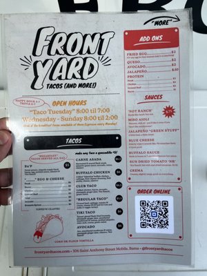 Menu photo 1 Front Yard Tacos Mobile, AL