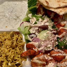 Chicken Kabab Platter over salad with Mujadara and Tzatziki - really fresh and flavorful