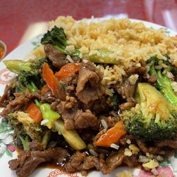 Beef with broccoli, rice