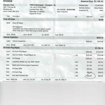 Olympia Autohaus - Invoice for parts and work done. - Auto Repair Near Me - Olympia, Washington Olympia Autohaus - Invoice for parts and work done. - Auto Repair Near Me - Olympia, Washington