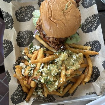 Brew City Grill - CRISPY CHICKEN burger spicy honey flavored with garlic fries - Burgers Near Me - Campbell, California