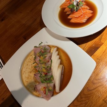 Komé - Hamachi Pear and Salmon Truffle Ponzu - Sushi Bars Near Me - Dallas, Texas Komé - Hamachi Pear and Salmon Truffle Ponzu - Sushi Bars Near Me - Dallas, Texas