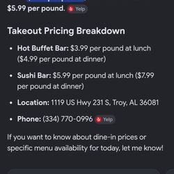 Troy's Buffet - Please check the price because they will over charge you. Very disrespectful owner we will never eat there again. There egg rolls nasty