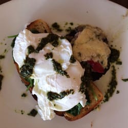 The Epicurean Delicatessen - Poached eggs with pesto on brioche and portobello mushroom with blue cheese melt