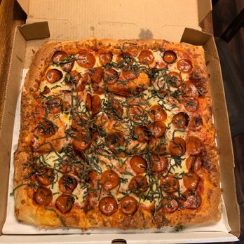 Home Slice Pizza - Sicilian with pepperoni and basil. - Pizza Near Me - Austin, Texas Home Slice Pizza - Sicilian with pepperoni and basil. - Pizza Near Me - Austin, Texas