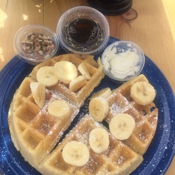 Basecamp Dinette - Gluten-free waffle with pecans and bananas ($8.50 +$1 extras). - Coffee & Tea Near Me - Burbank, California Basecamp Dinette - Gluten-free waffle with pecans and bananas ($8.50 +$1 extras). - Coffee & Tea Near Me - Burbank, California