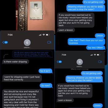Ventilation Pros Corp - Our messages going above & beyond - A screenshot shows a text message conversation between a customer and a service provider. The customer discusses issues with a water heater, including water dripping and the repair process. The service provider responds with explanations about the repair, water temperature, and customer behavior. The conversation includes images of a water heater control panel and references to previous service calls. The tone is informal and somewhat confrontational, with the customer expressing dissatisfaction and the service provider defending their actions. - Heating & Air Conditioning/HVAC Near Me