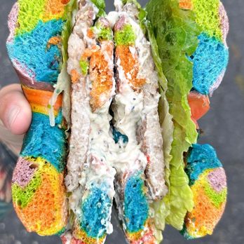 Kaylan's Kitchen - Rainbow bagel with everything cream cheese ! Added sausage tomato and lettuce - Desserts Near Me - Torrington, Connecticut Kaylan's Kitchen - Rainbow bagel with everything cream cheese ! Added sausage tomato and lettuce - Desserts Near Me - Torrington, Connecticut