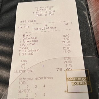 The Black Sheep - $80.00 and maybe talked to us three times. Thanks Gianna R for your horrible service. - Pubs Near Me - Niantic, Connecticut